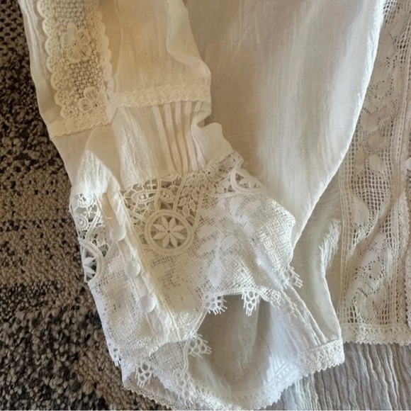 New White Lace Inset 3/4 Sleeve Button Front Blouse Top Women's Top Boho - Picture 6 of 11